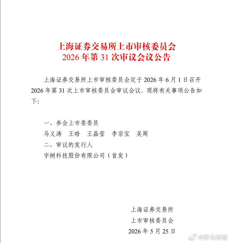 宇树科技IPO 5月25日晚间，上交所公告显示，上市审核委员会定于6月1日召开2