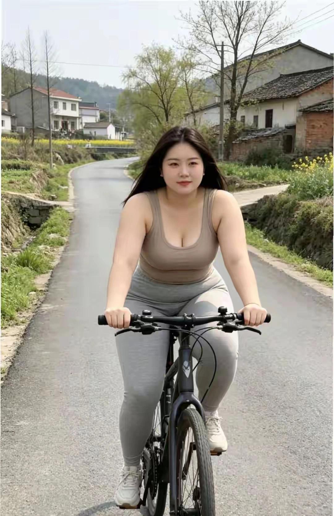 《乡路骑行》
 
乡路蜿蜒入远丘，轻轮碾过野光柔。
田边菜花铺金浪，村外疏杨染浅
