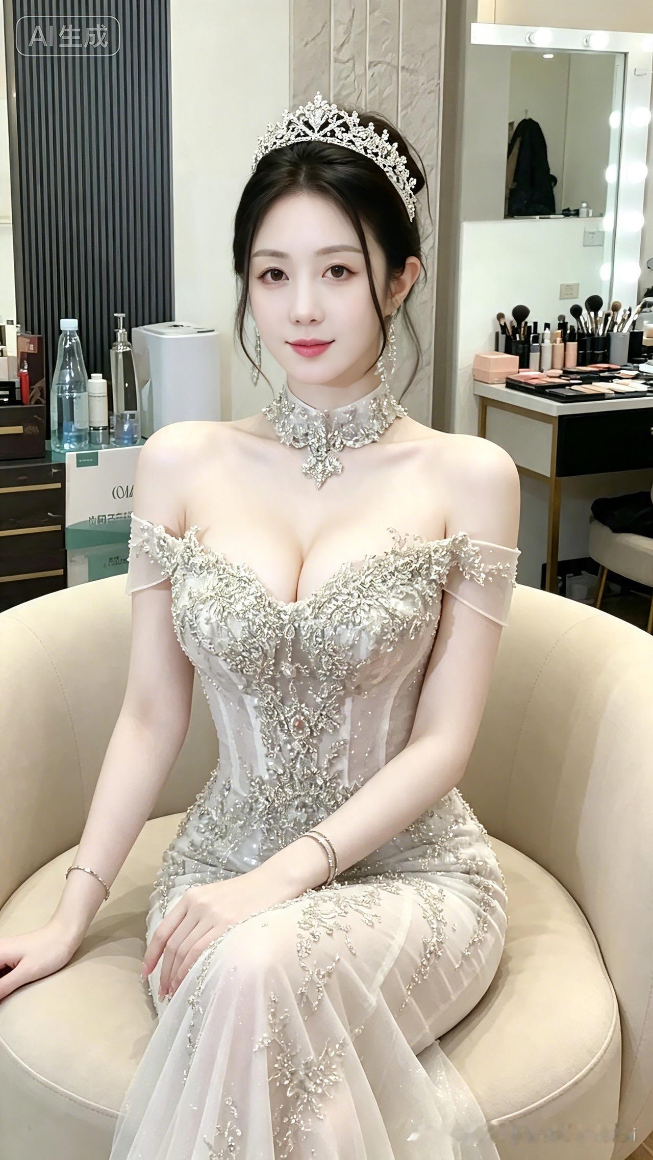 丽妆打油诗
头戴皇冠姿容妙，
遍体银光耀目娇。
妆容精致容颜俏，
静坐椅中气质高