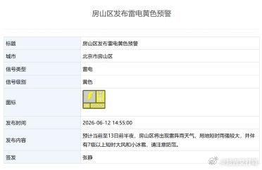 凤凰新闻【雷阵雨+短时大风+小冰雹！房山发布雷电黄色预警】房山区与门头沟区需注意
