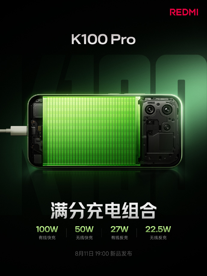 REDMI K100 Pro的充电续航组合。8580mAh电池，100W有线快充