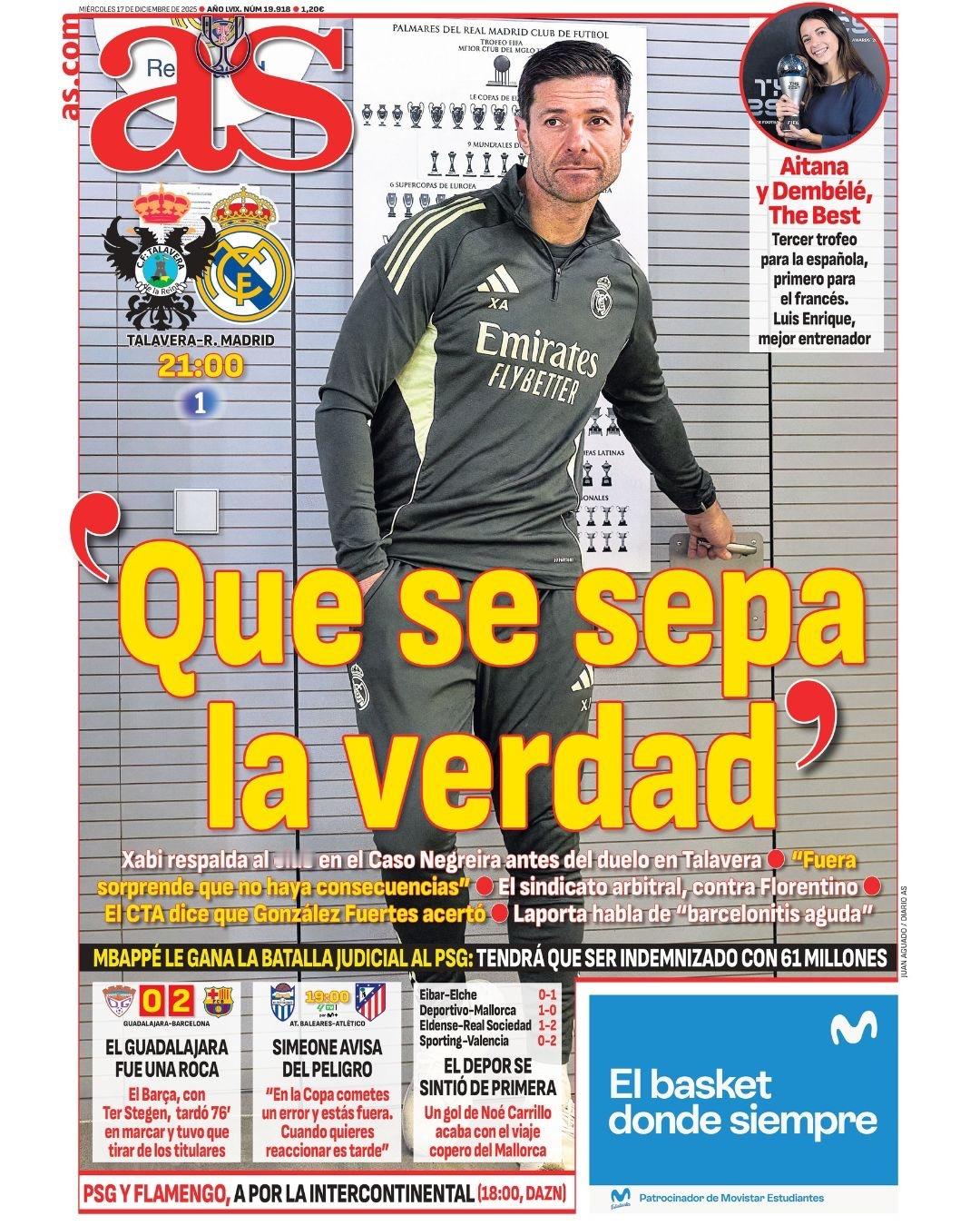 皇马 《阿斯》“现在真相大白了”阿隆索支持俱乐部在内格雷拉案的立场“我很惊讶还没