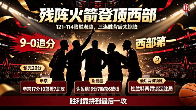 残阵火箭豪取三连胜！全程过山车式攻防，绝境锁胜登顶西部第一