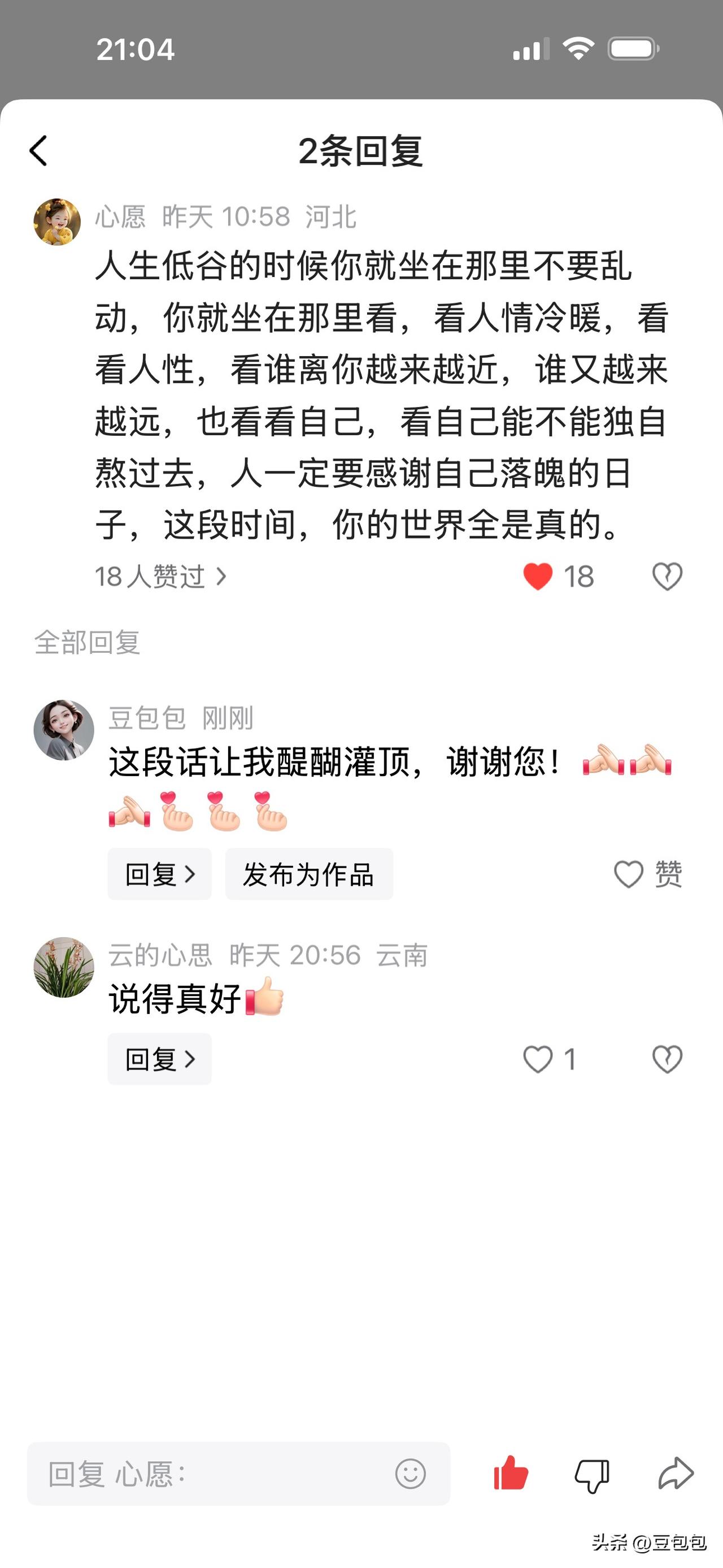 刚看到一段醍醐灌顶的评论，好戳我心，必须分享给大家。

人生低谷，不必急于挣扎。