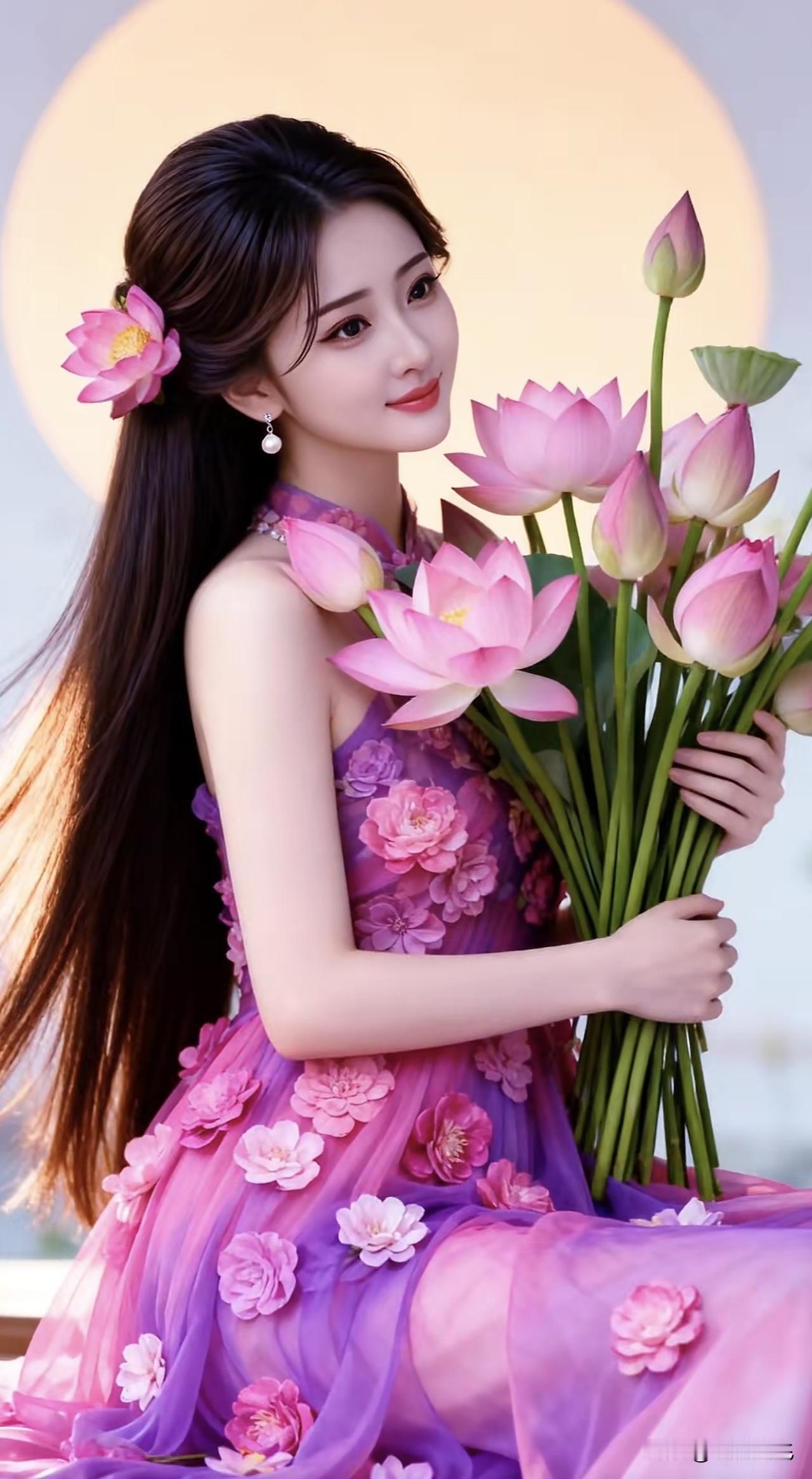 粉衣美人捧莲花，笑语盈盈入画来。粉裳花影照 粉裙微笑写真 粉裙花畔照 粉裙微笑写