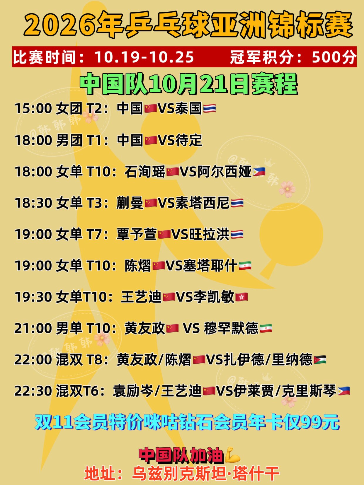 2026年国际乒联塔什干乒乓球亚锦赛。10月21日中国队赛程