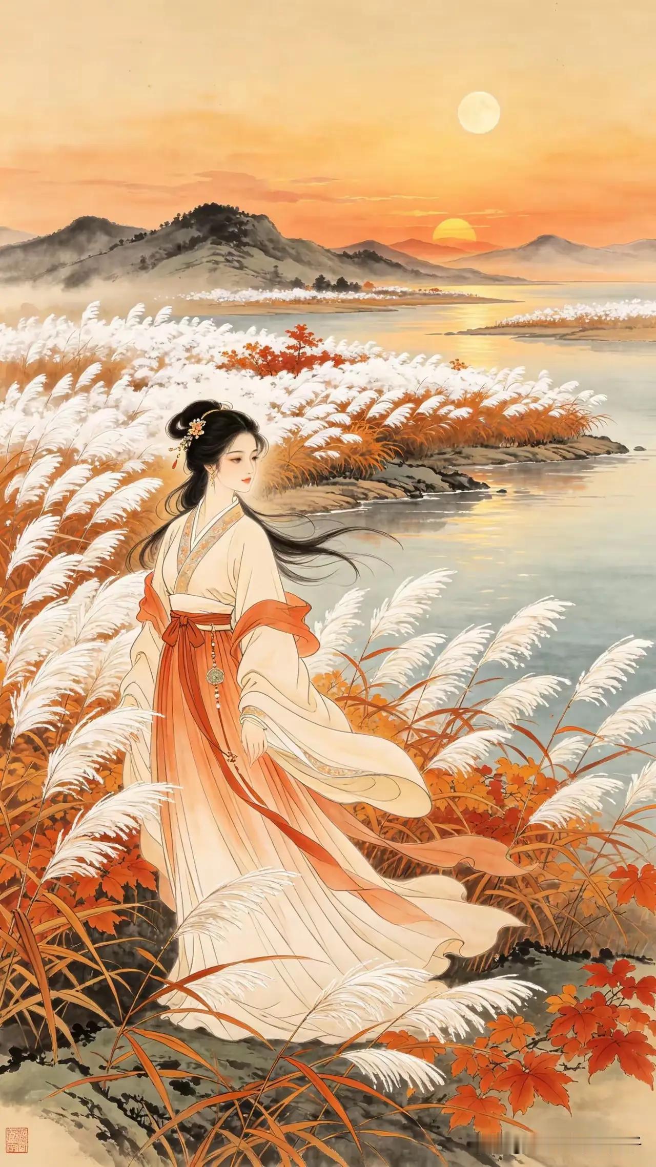 芦花如雪覆长洲，
目断斜阳独倚秋。
水远山长音信绝，
层林尽染更添忧。