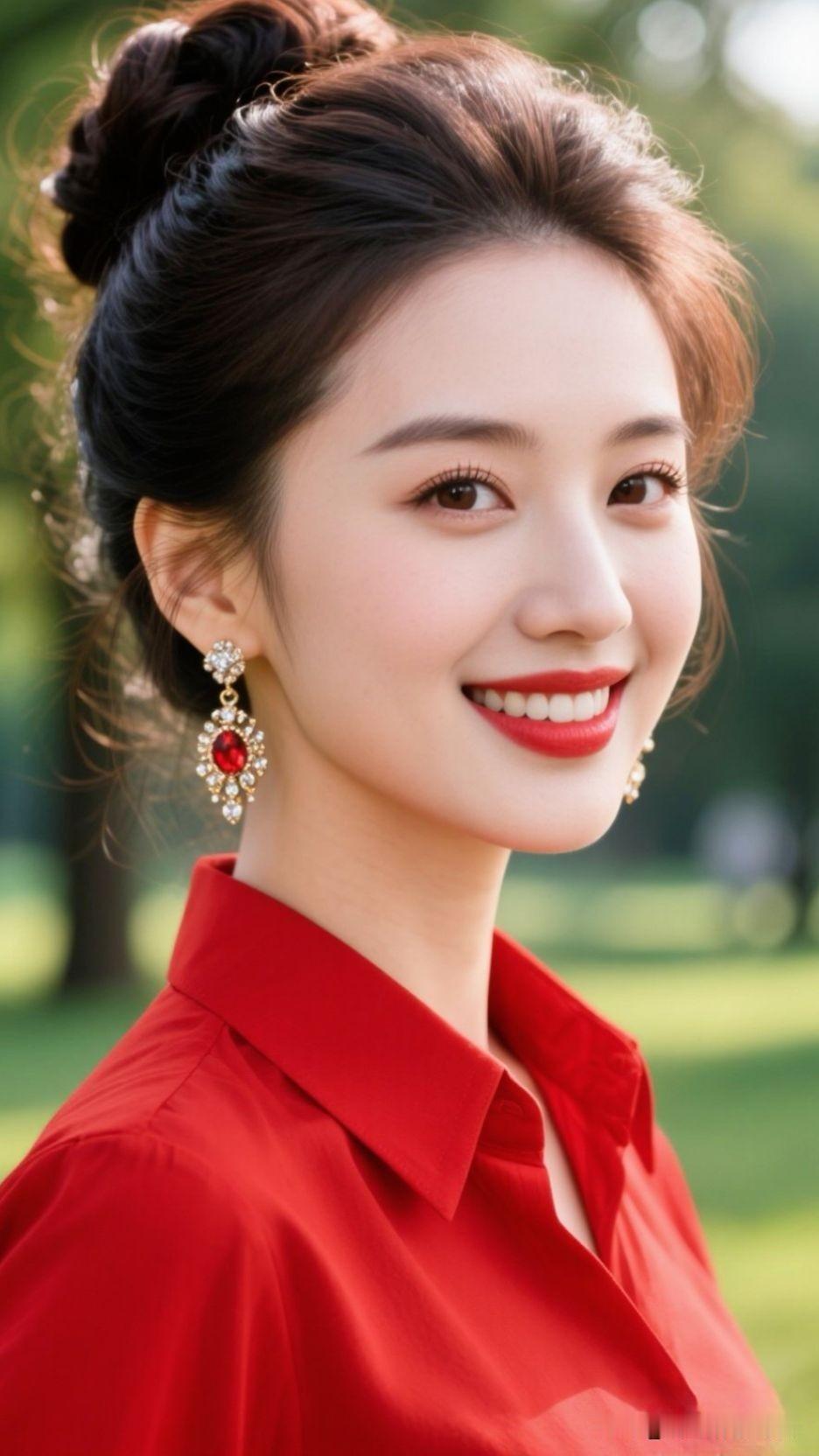 ✨ 草地的绿、衬衫的红织成鲜活的诗，耳间金珠是缀在光阴里的星，一笑就点亮了整个晴