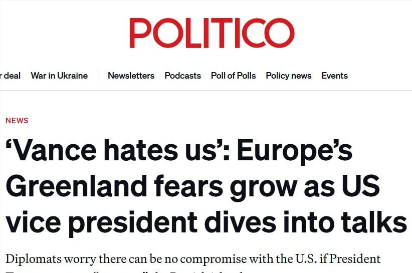 Politico：美国副总统万斯令欧洲感到恐惧

“万斯讨厌我们。他是个狠角色。