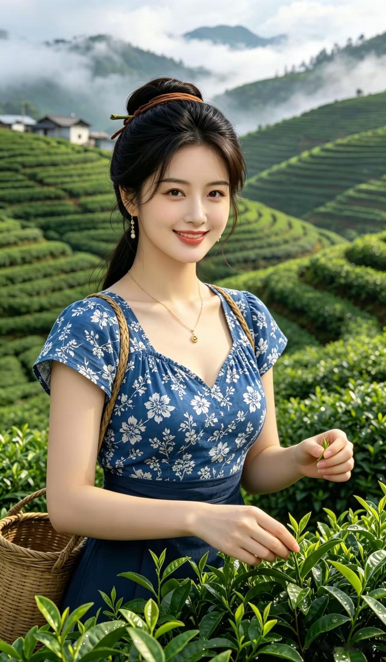 茶园里的少女，笑靥如花，采摘新茶，感受自然的美好。