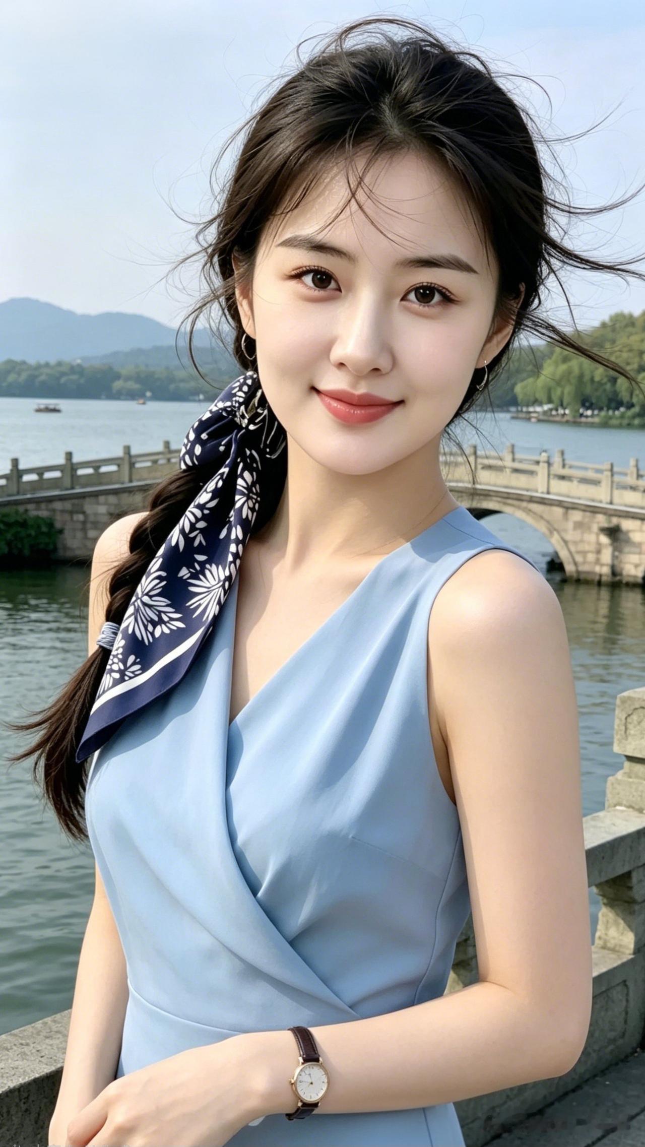 夏日清新穿搭，蓝裙飘飘，湖畔漫步，美不胜收！🌞👗💃