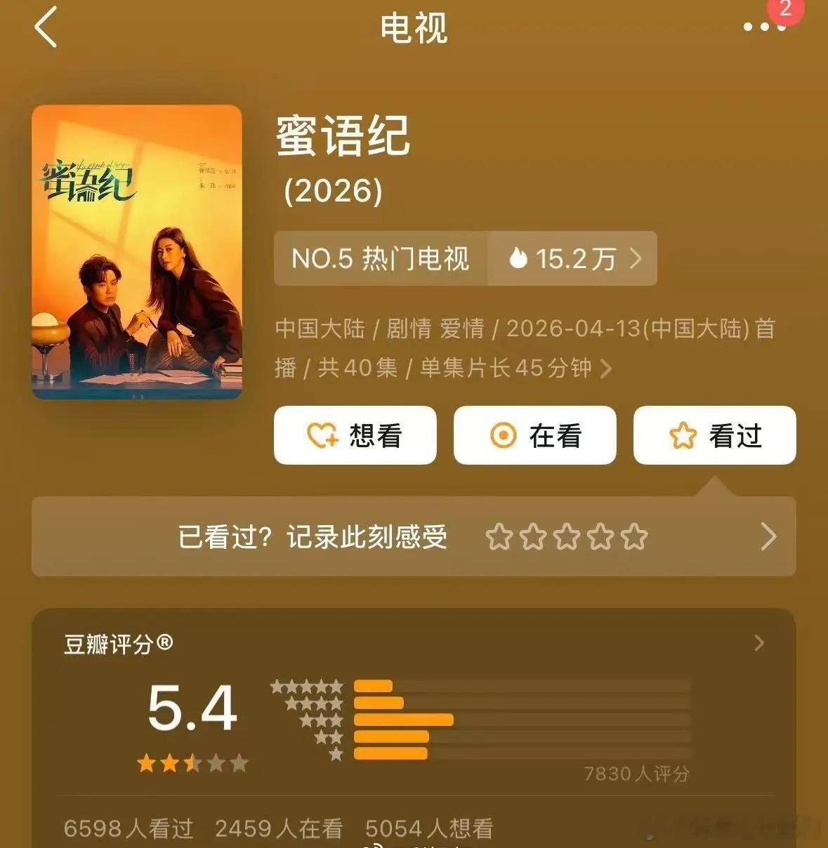 4月24日，由钟汉良、朱珠主演的《蜜语纪》豆瓣开分5.4，你觉得低了还是高了？ 