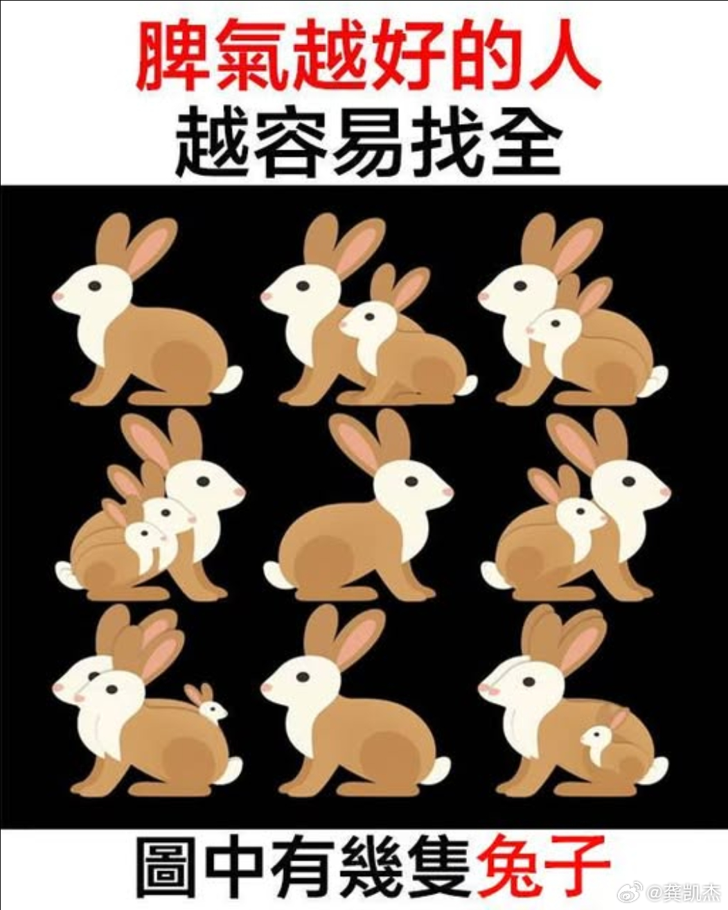 听说脾气越好的人越容易找全兔子。请问：图中总共有多少只兔子呢？ 