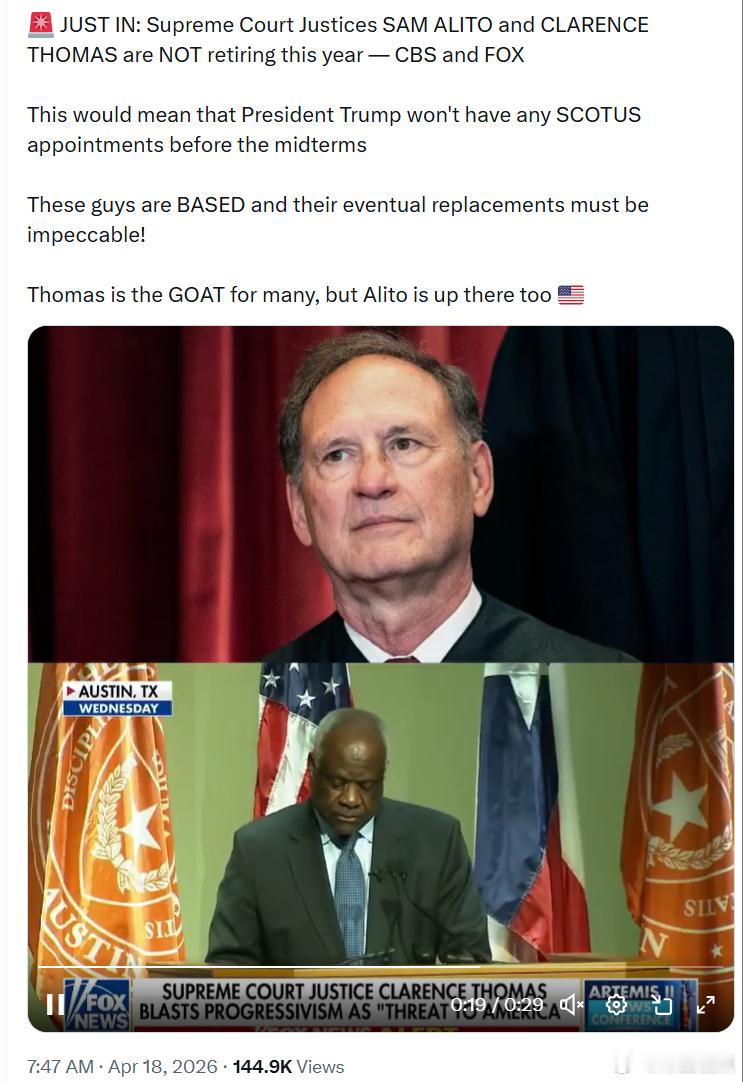 来自 CBS 和 FOX消息：美国最高法院大法官塞缪尔·阿利托和克拉伦斯·托马斯