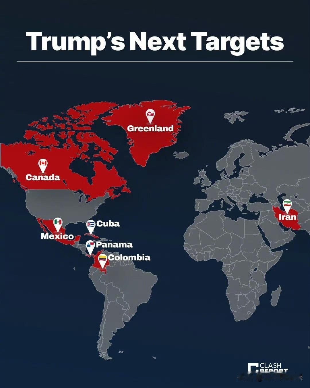 一张地图，洞悉特朗普野心！7个地区标红，沦为其霸权新猎物
一张标注着“特朗普的下