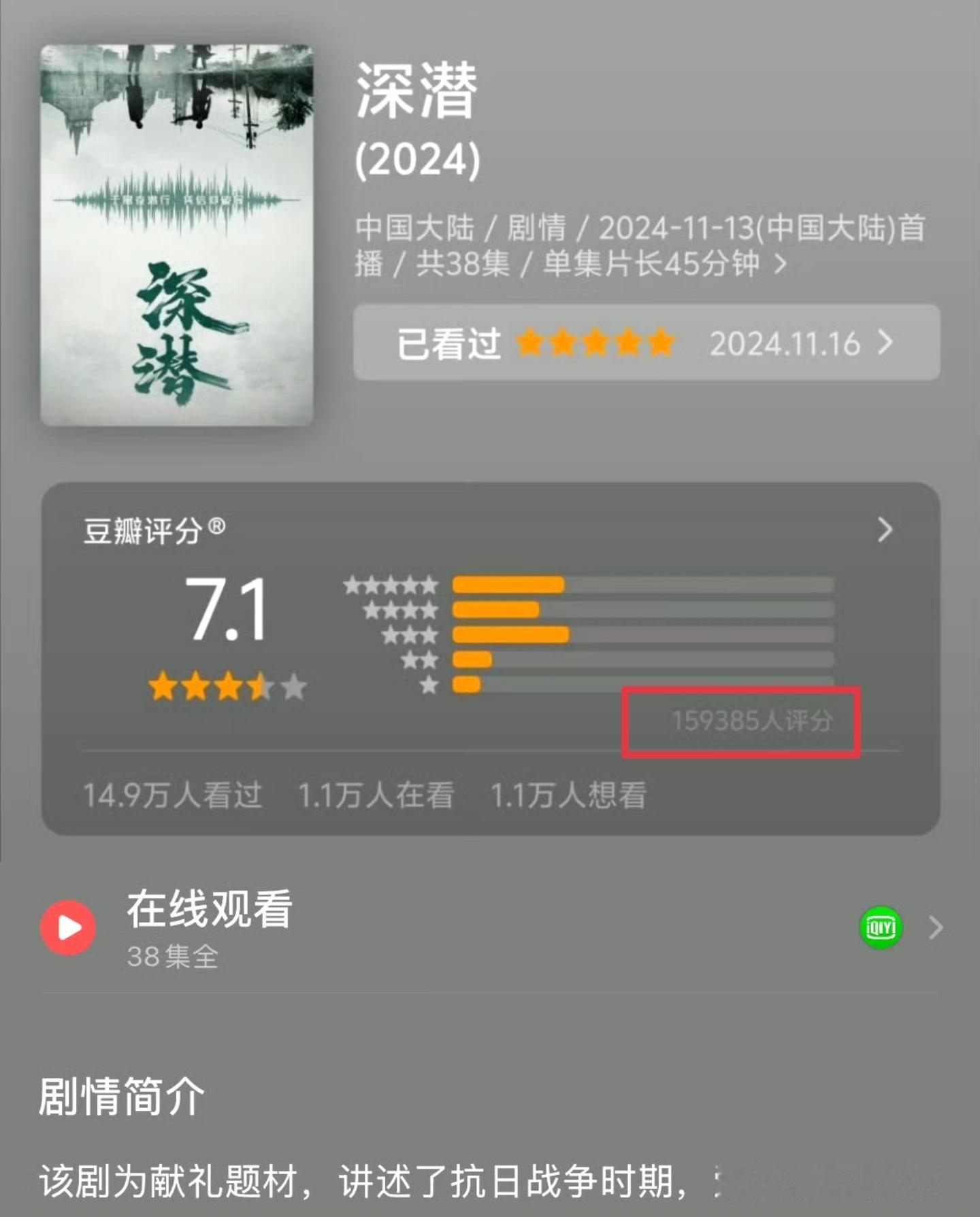 成毅献礼剧深潜豆瓣开分7.1分！开分人数近16w🥵成毅太火了  2024年开分