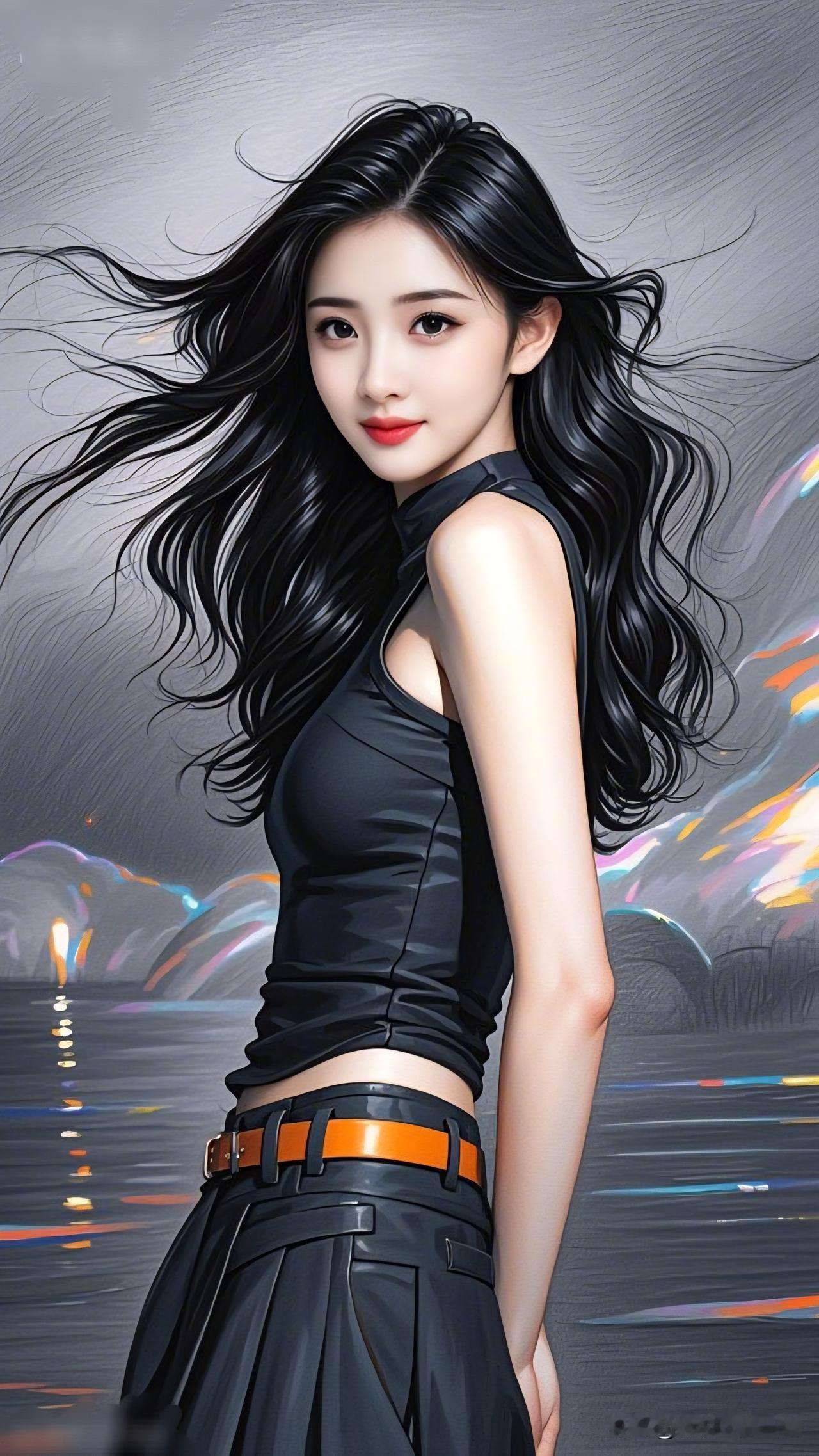 黑发如瀑，笑靥如花。一眼沦陷的神级美图 惊艳的二次元少女，黑发飘逸，红唇诱人，梦