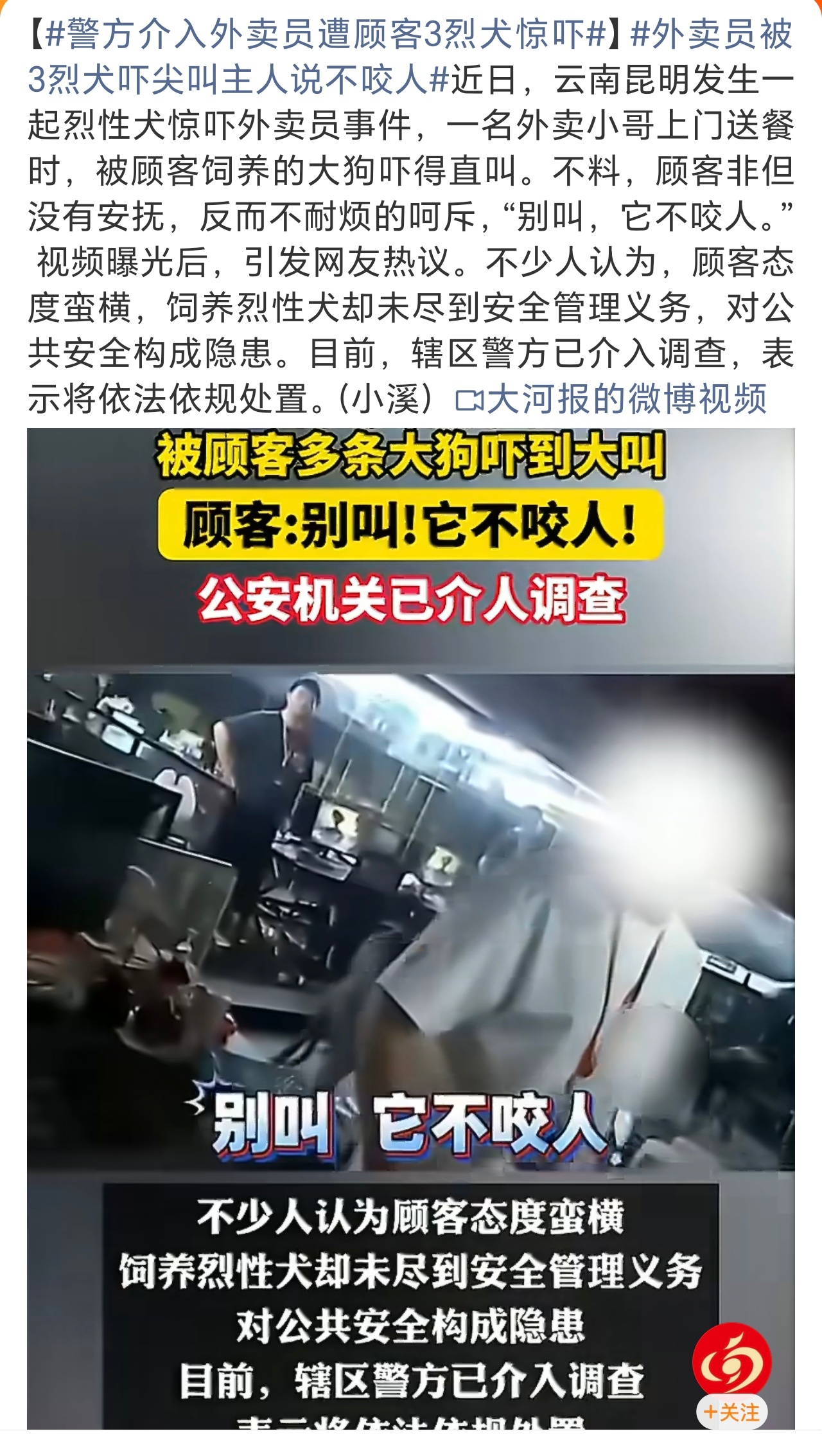 外卖员被3烈犬吓尖叫主人说不咬人我也喜欢猫猫狗狗，也养狗，但是这句“别叫，它不咬