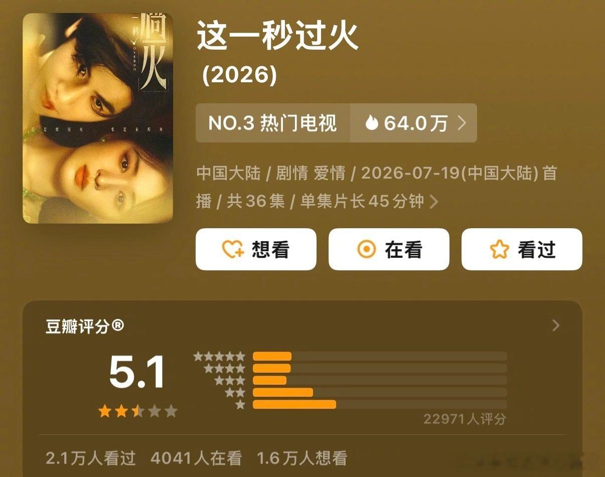 2026暑期档四部热播剧豆瓣开分 大家都来聊聊看了哪一部《这一秒过火》张凌赫 王