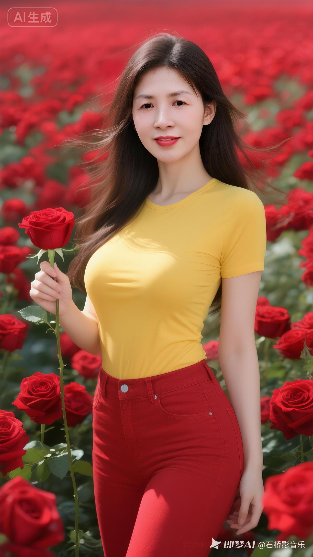 在花海中，一抹亮黄色与红玫瑰相映成趣，清新自然。