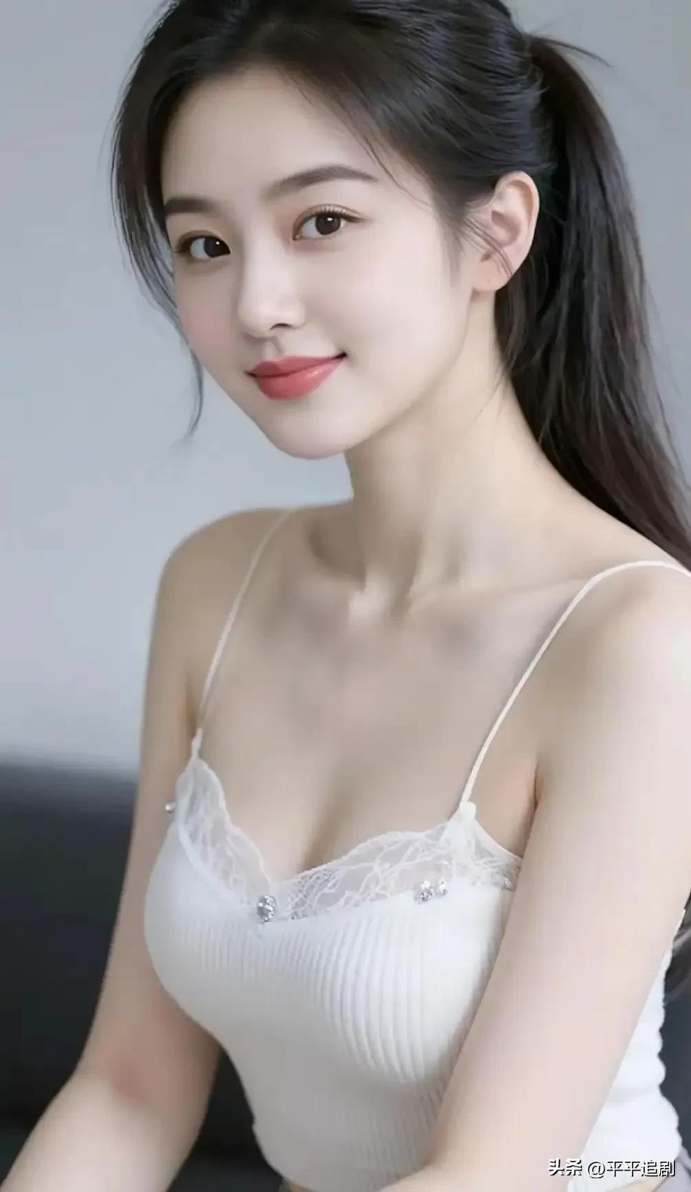 高马尾挽起清爽，白吊带缀着蕾丝温柔，
眉眼弯弯藏着浅浅笑意，
简约里透着少女的干