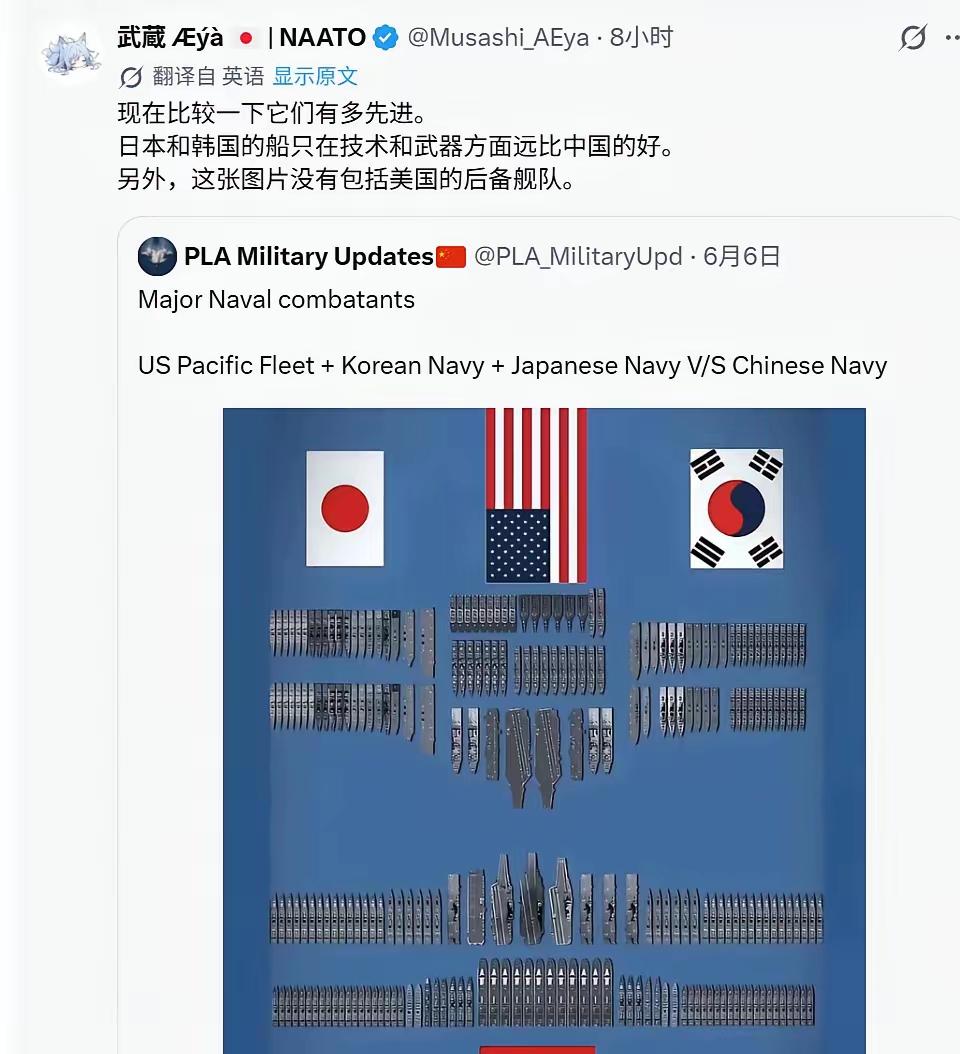 日本和韩国的船只在技术和武器方面远比中国的好。

日本博主发文配图称：现在比较一