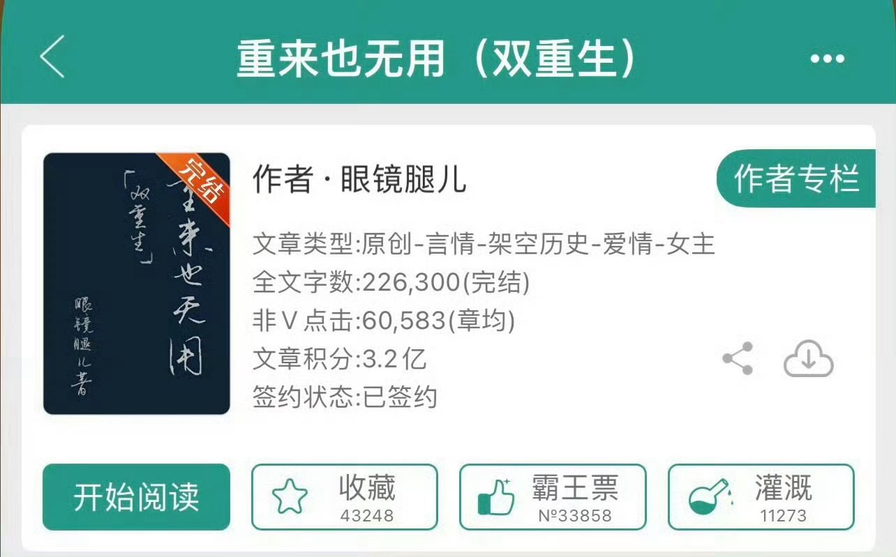 小说推荐：《重来也无用》 作者:眼镜腿儿简评：独立洒脱女主vs傲娇愚钝男主vs忠