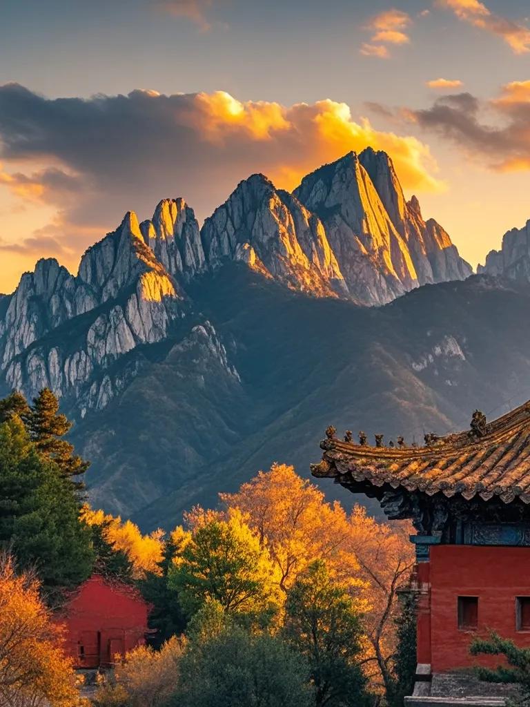 《嵩山夕照》：夕阳给嵩山披上金纱，少林寺的飞檐在余晖中越发古朴，山间植被像是大自