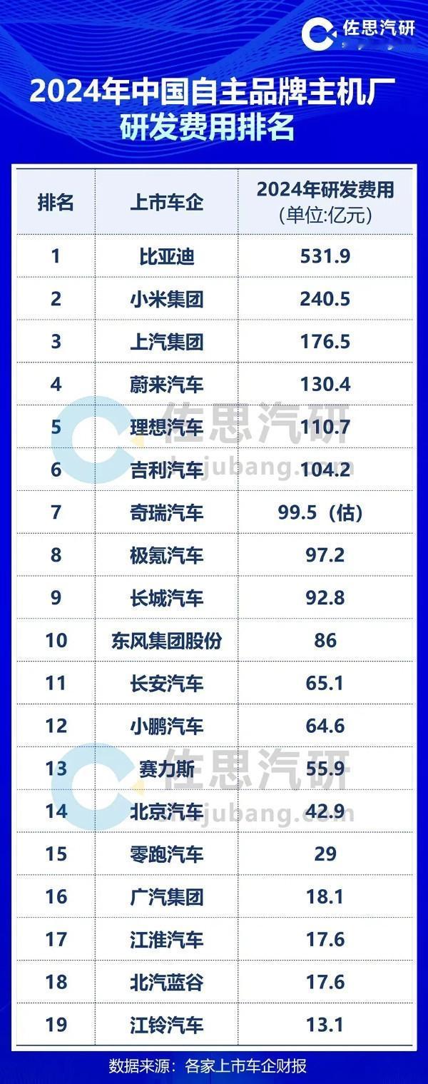 2024年部分上榜车企及研发费用：
比亚迪：531.9亿元
小米集团：240.5
