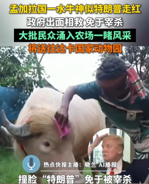 太巧合了！5月28日报道，孟加拉国一头白化水牛最近彻底出圈，就因为长相神似特朗普