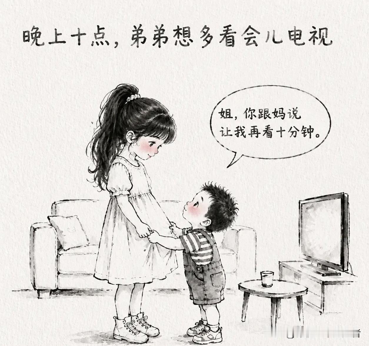 趣味漫画：晚上十点弟弟想多看会儿电视。弟弟小声恳求：「姐，你跟妈说让我再看十分钟
