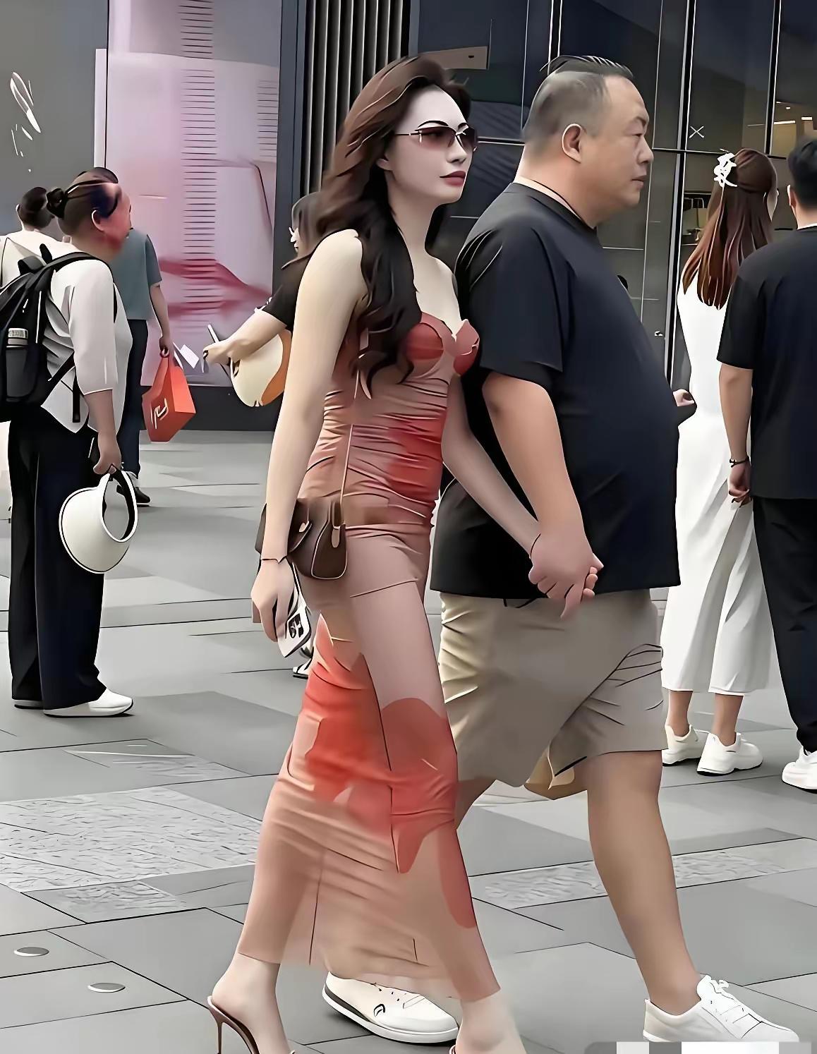 美女真漂亮，
牵手男人胖。
夫妻在逛街，
幸福百年长。