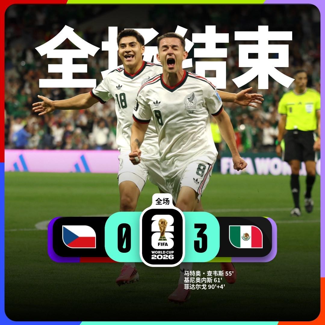 世界杯小组赛：捷克 0-3 墨西哥

墨西哥队球员马特奥·查韦斯、基尼奥内斯、菲