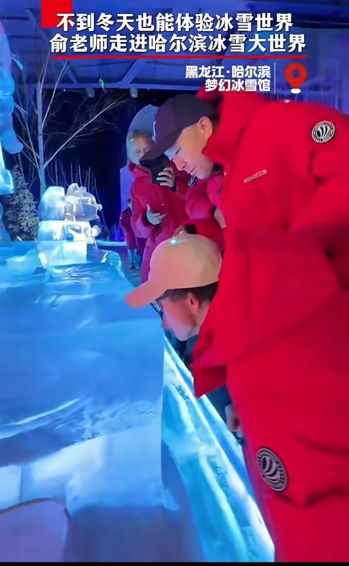 俞敏洪带着陈行甲打卡哈尔滨冰雪馆，名场面来了！

俞老师看到大块冰墙，忍不住俯身
