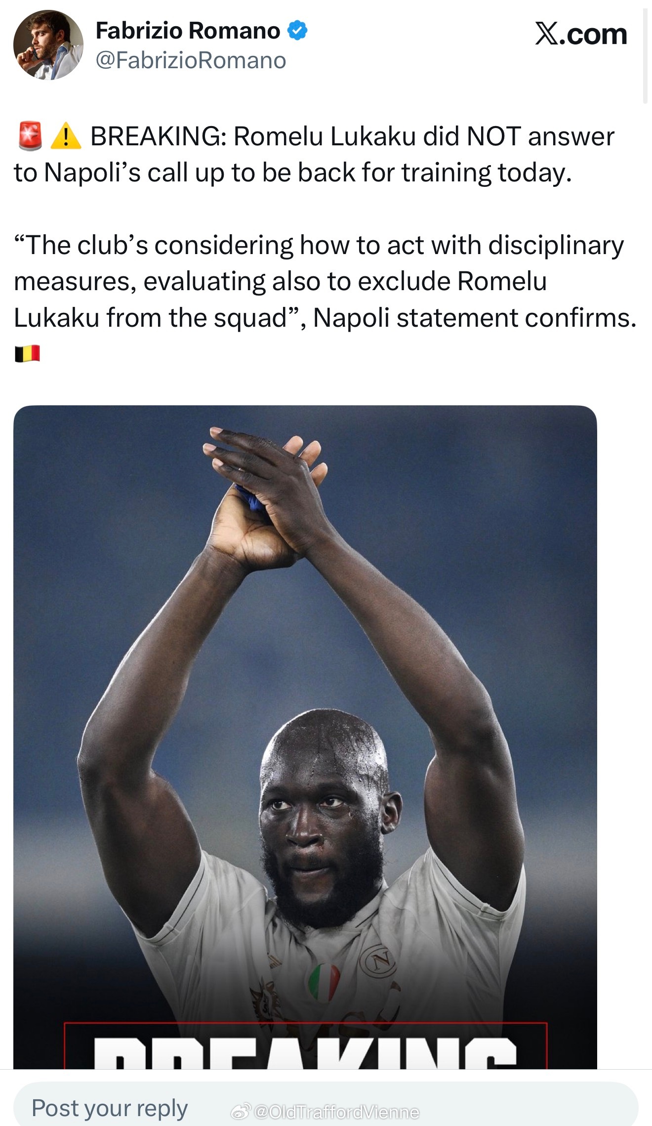 卢卡库咋啦？早就跟那不勒斯闹翻了？今天是拒绝回俱乐部报到，俱乐部准备采取措施了员