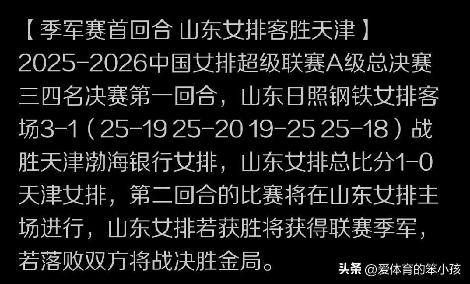 全国女排联赛季军争夺战的首场比拼当中，常规赛实现对天津渤海银行女排双杀的山东日照
