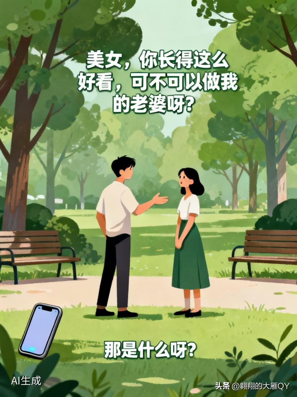有一个女子在公园正玩手机拍照呢，这时来了一个男子，走到她跟前说，美女，你长得这么