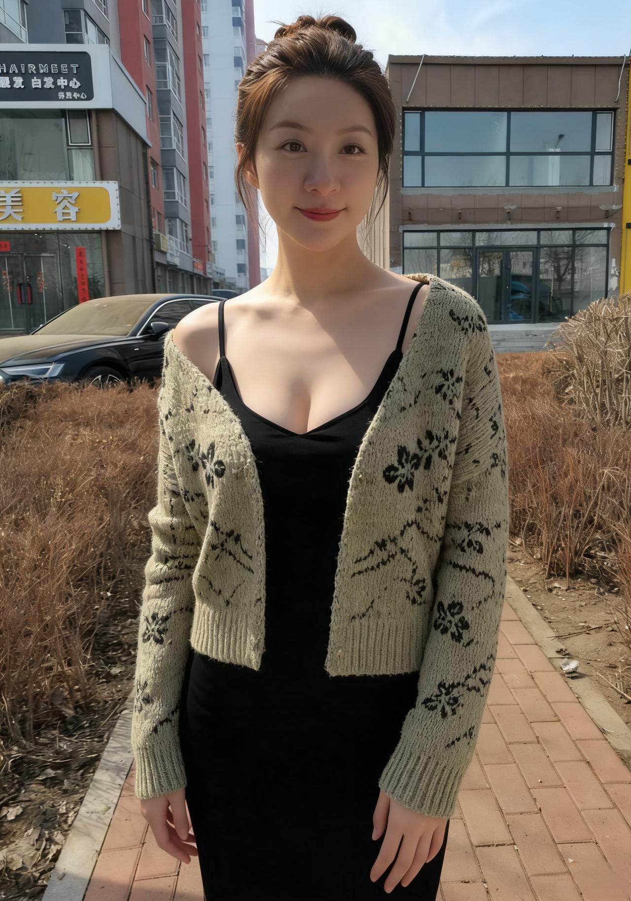 挽得青丝映暖阳，开衫半露玉肌香。
街头风里嫣然立，一抹清姿胜海棠。