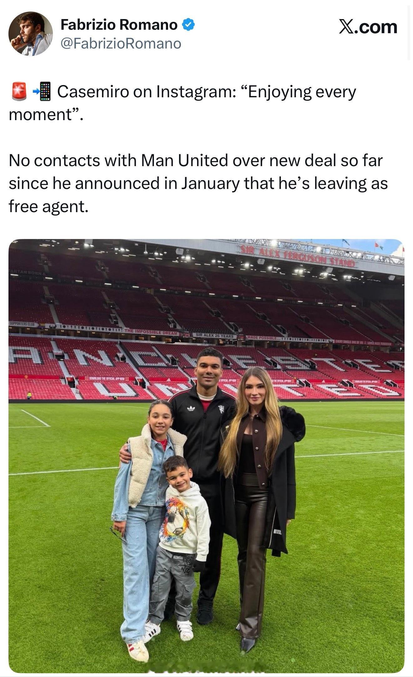 尽管外界都希望卡塞米罗继续留在曼联，但罗曼诺透露球员和俱乐部并没有开始此类对话胖