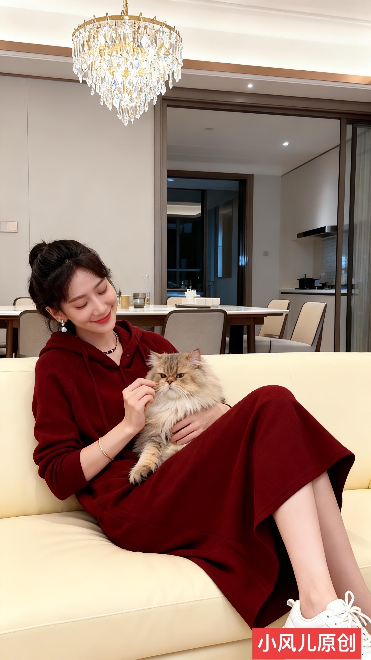 法式连帽针织连衣裙。简约明亮的客厅，奶油色沙发搭配水晶吊灯，尽显雅致。...