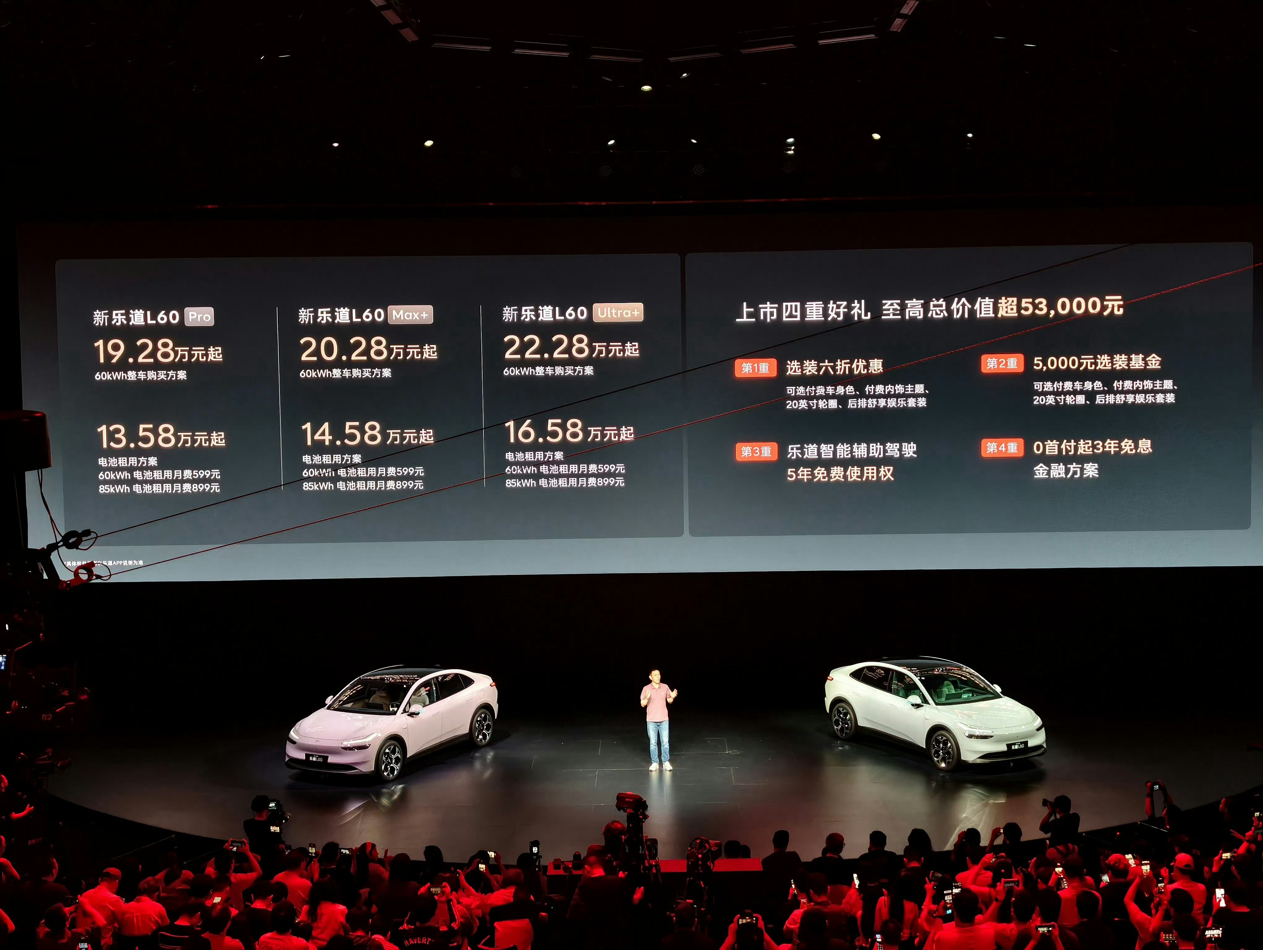 新乐道L60价格新乐道L60正式上市。起步价19.28万，电池租用方案 13.5