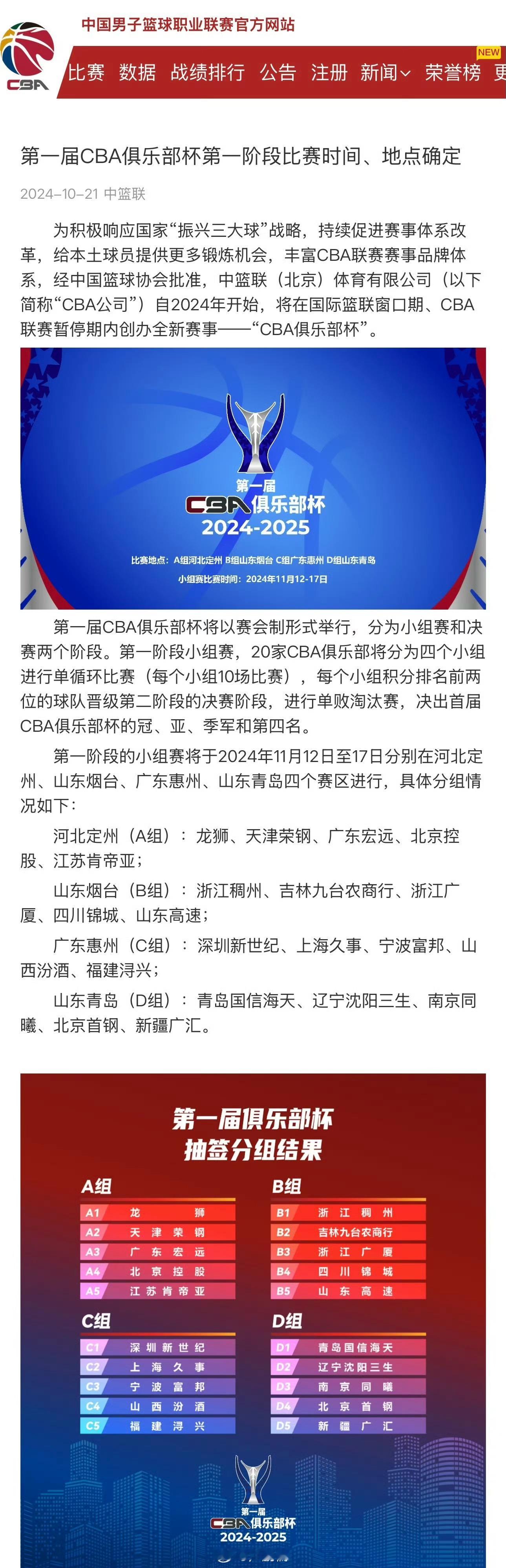 第一届CBA俱乐部杯第一阶段比赛时间、地点确定，第一阶段的小组赛将于2024年1