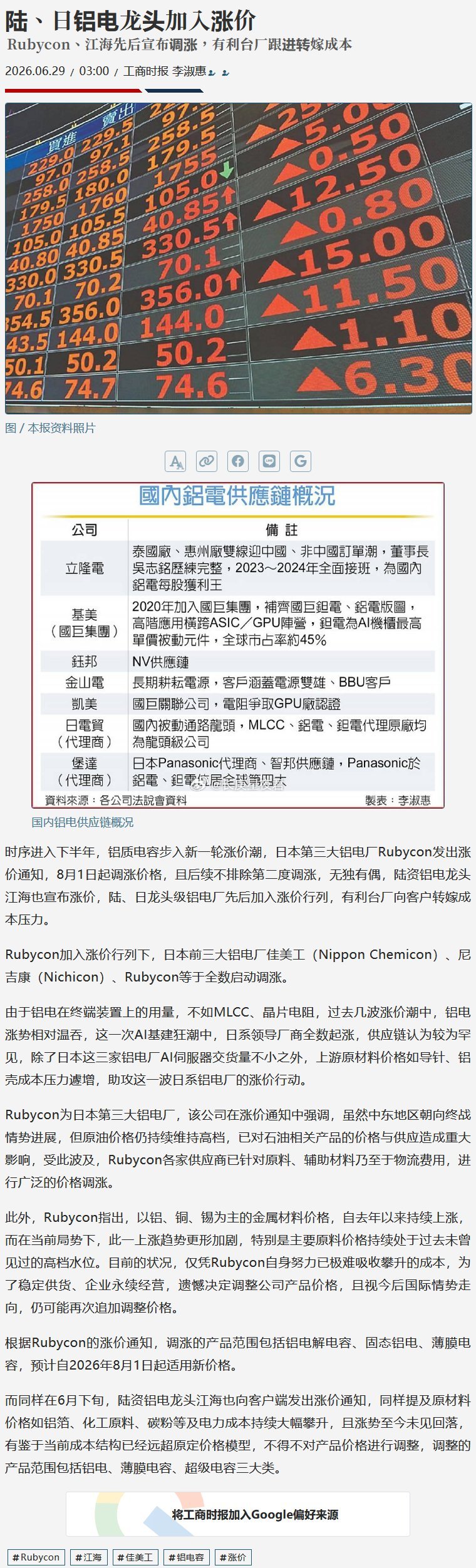 铝质电容步入新一轮涨价潮，日本第三大铝电厂Rubycon发出涨价通知，8月1日起