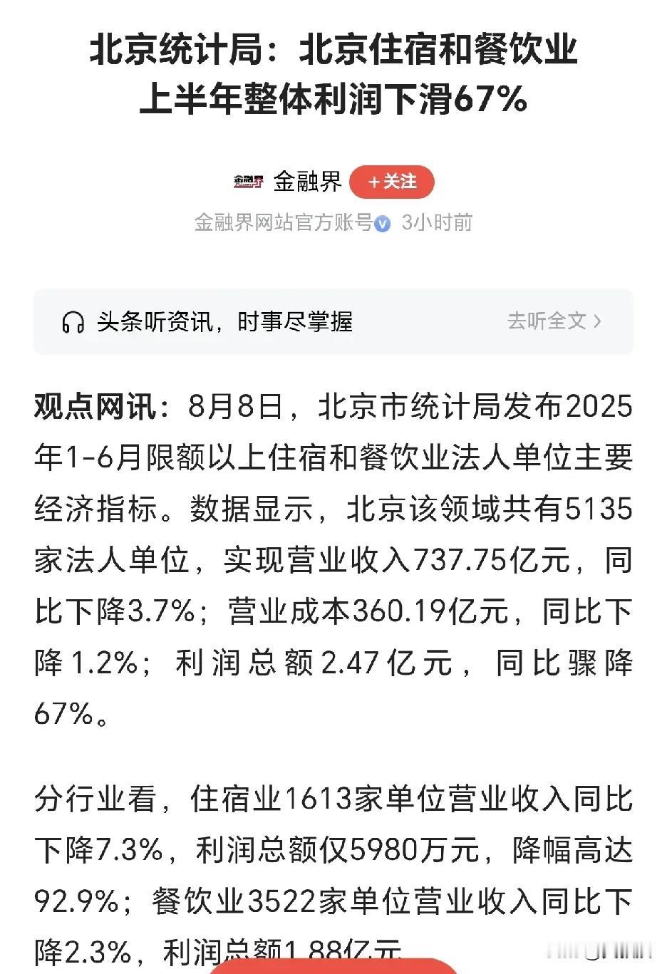 北京统计局：北京住宿和餐饮业上半年整体利润下滑67%
为什么利润下滑这么多？