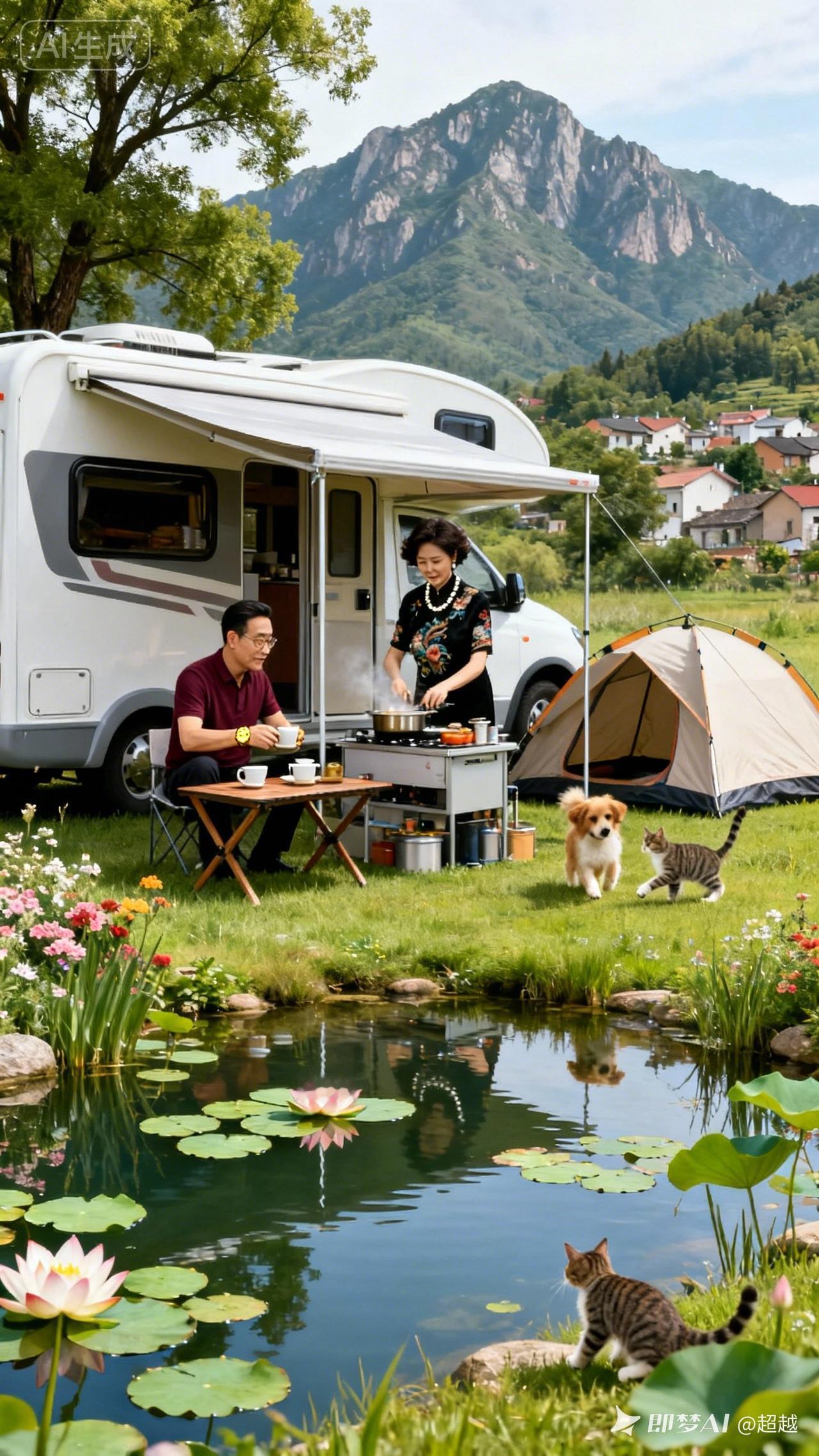 山脚下房车驻停，湖畔草青花艳，莲荷浮水。男人桌前煮茶，女人帐下炊饭，猫狗嬉闹，远