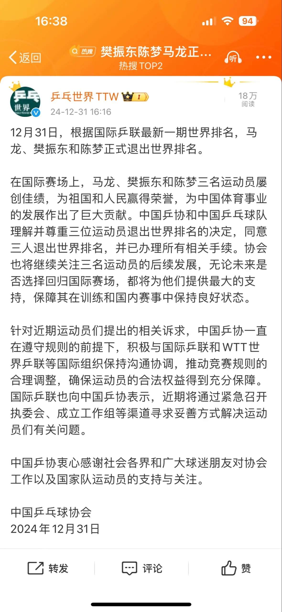 虽然知道是这种结果，但还是挺难过的～樊振东马龙陈梦退出世界排名～