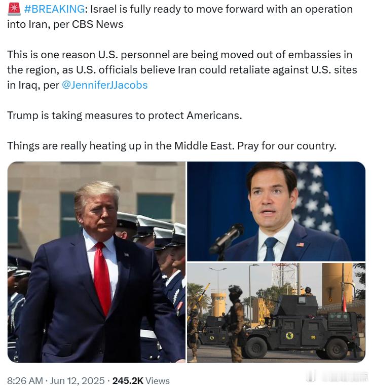 据CBS新闻报道，以色列已完全准备好对伊朗展开行动。这是美国人员被撤离该地区大使