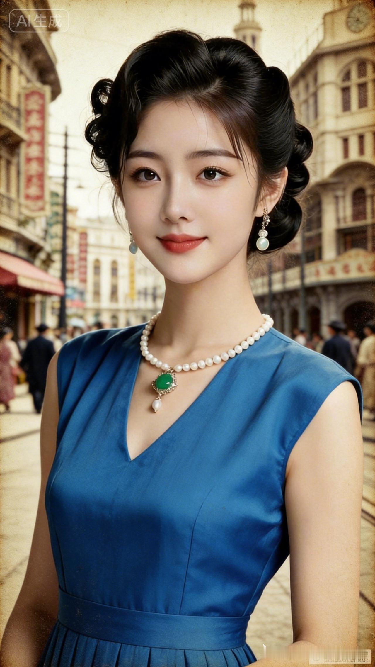 一袭复古蓝裙伫立上海滩老街，霓虹与旧光影交织流转，民国氛围感浓郁。胶片质感自带老