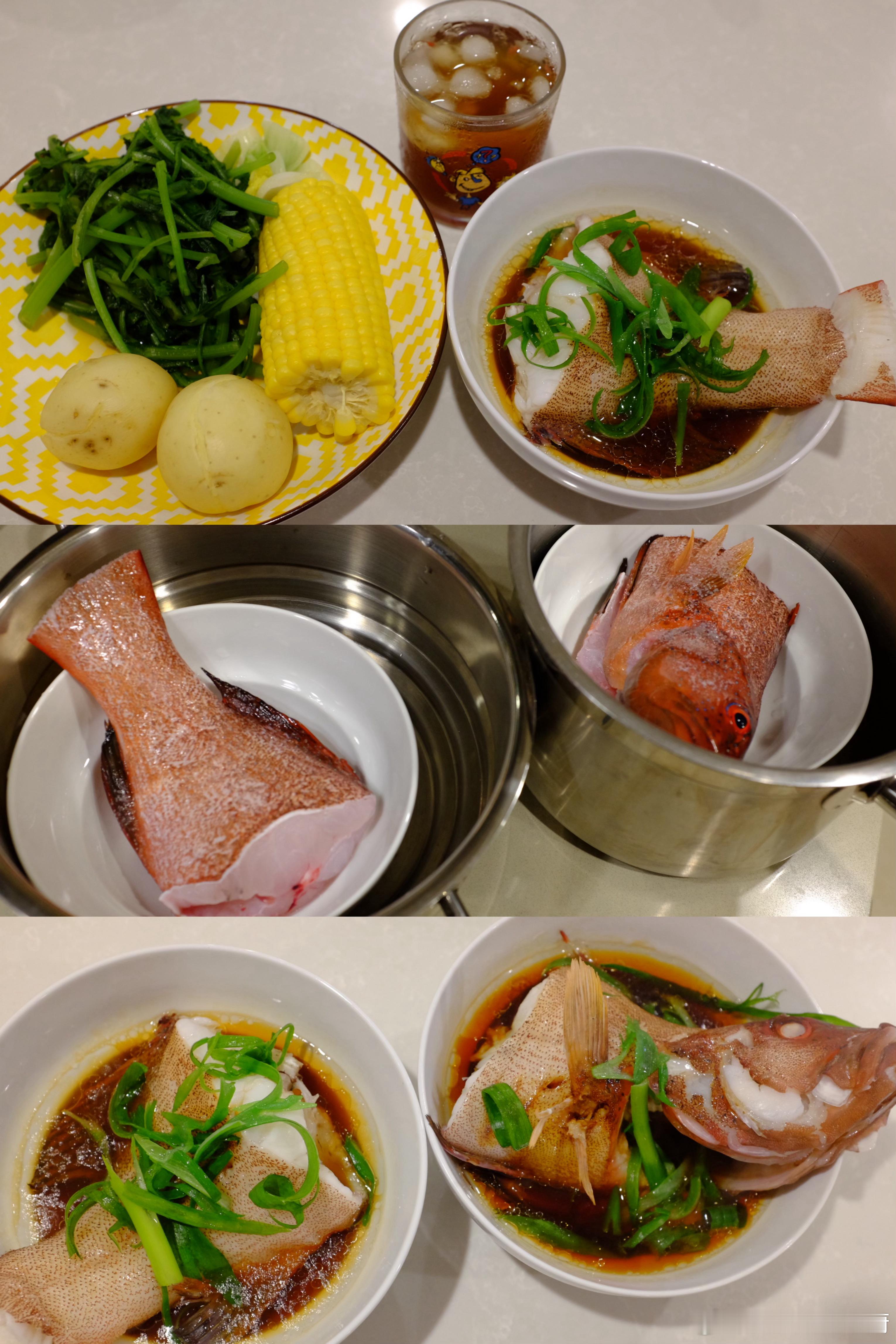 健康饮食的一天，晚餐蒸了东星斑🐟，吃了玉米土豆🥔🌽还有蔬菜。 