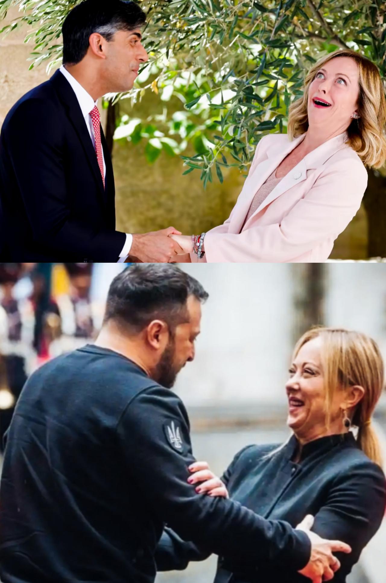 梅洛尼这是被苏纳克和泽连斯基给吓得后仰吗？
梅洛尼和苏纳克一起时，这后仰的动作有